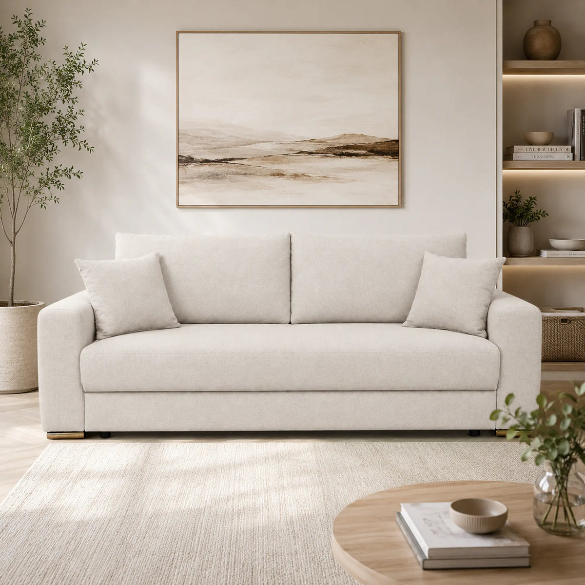 Canapea extensibila GENF, stofa catifelata bej - Element 17, cu lada depozitare, 247x103x90 cm