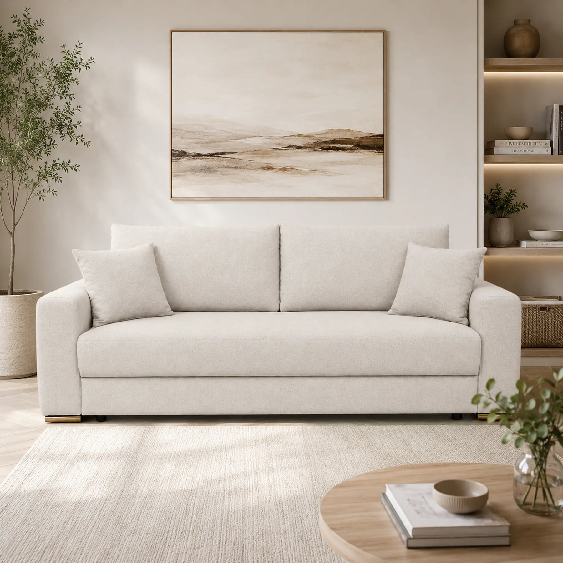 Canapea extensibila GENF, stofa catifelata bej - Element 17, cu lada depozitare, 247x103x90 cm
