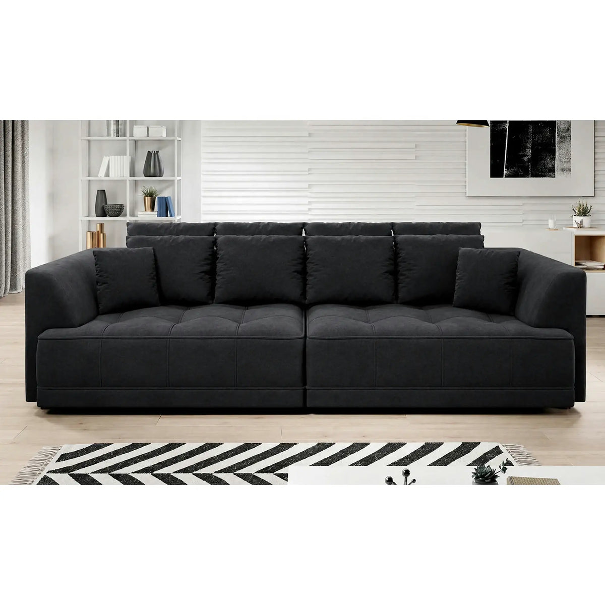 Canapea moderna pentru living TIGA, stofa catifelata bej - Whisper 3, cu reglaj electric, 302x136x88/72 cm