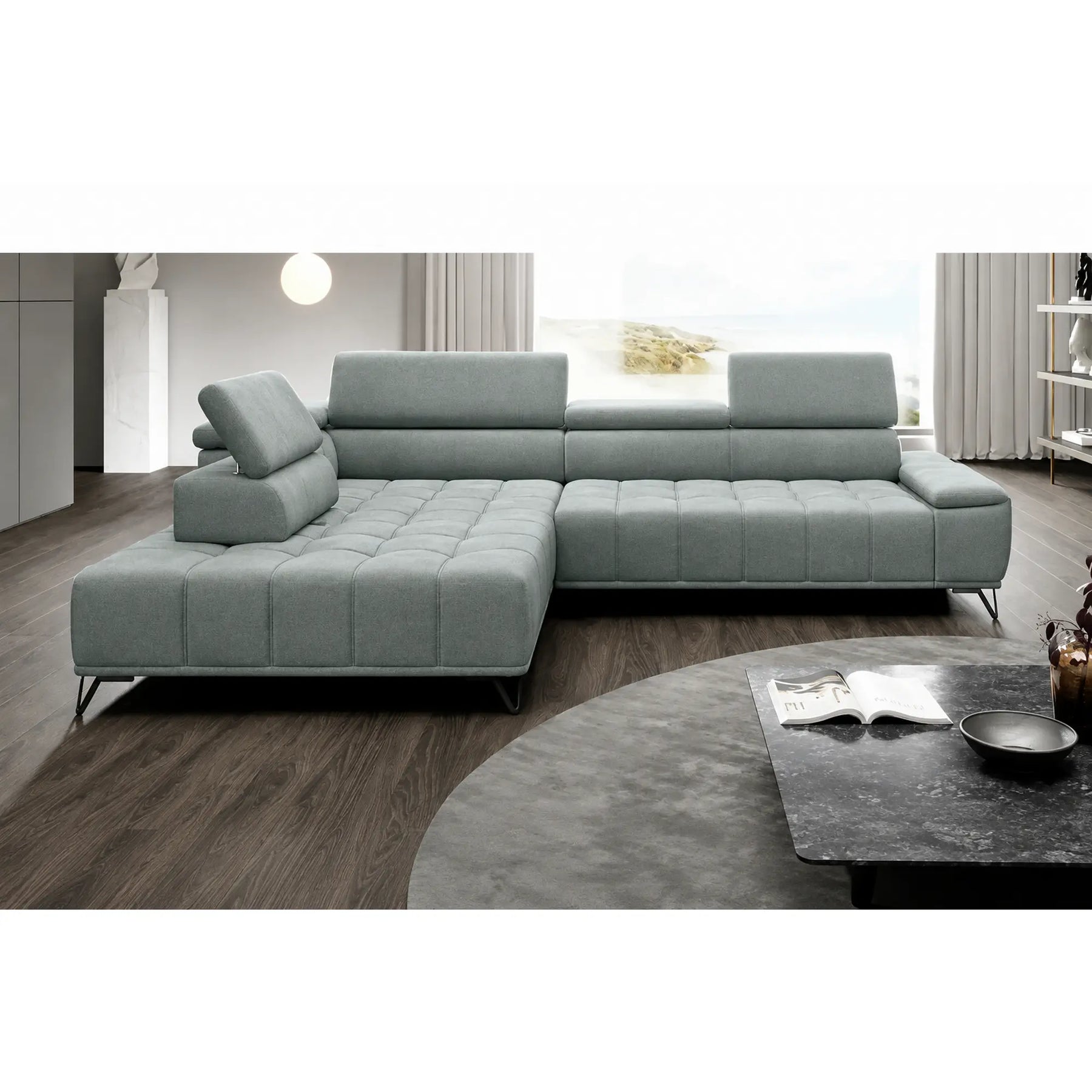 Coltar cu sezlong PALLADIO L, sezlong stanga, stofa catifelata verde - Salvador 12, cu reglaj electric si tetiere reglabile, 320x220x99 cm