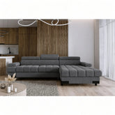 Coltar extensibil SELVA MINI, sezlong dreapta, stofa clasica gri inchis - Austin 19, cu lada depozitare si tetiere reglabile, 270x173x95 cm