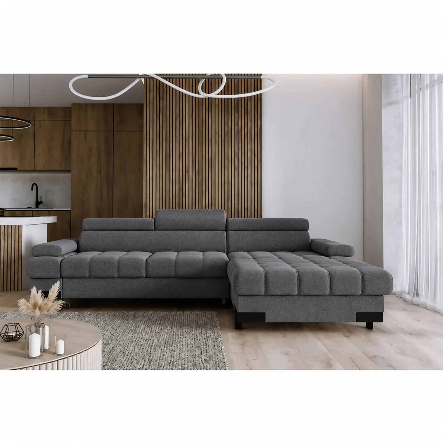 Coltar extensibil SELVA MINI, sezlong dreapta, stofa clasica gri inchis - Austin 19, cu lada depozitare si tetiere reglabile, 270x173x95 cm