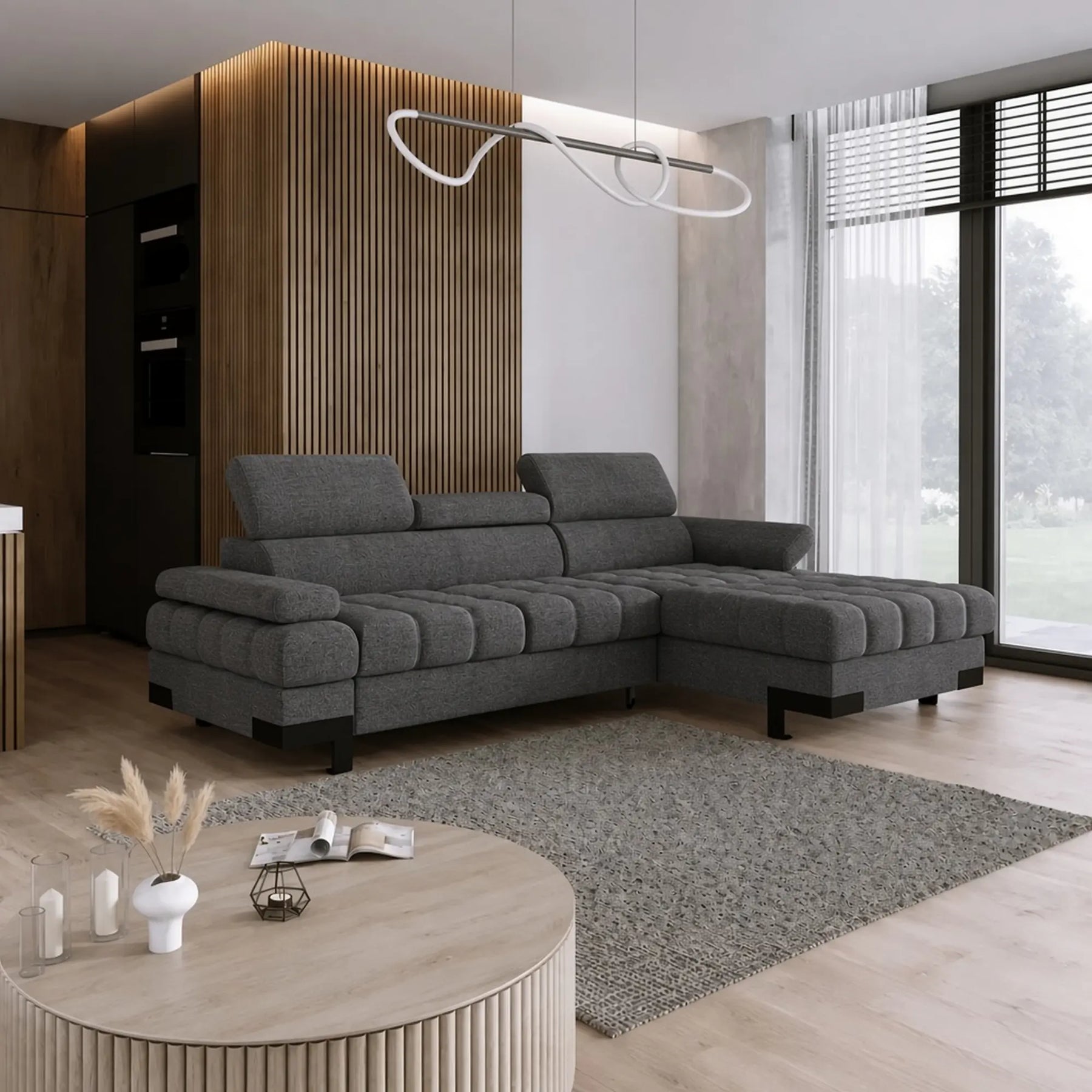 Coltar extensibil SELVA MINI, stofă clasică/lemn masiv/PAL, gri închis - Austin 19, 270×173×95 cm