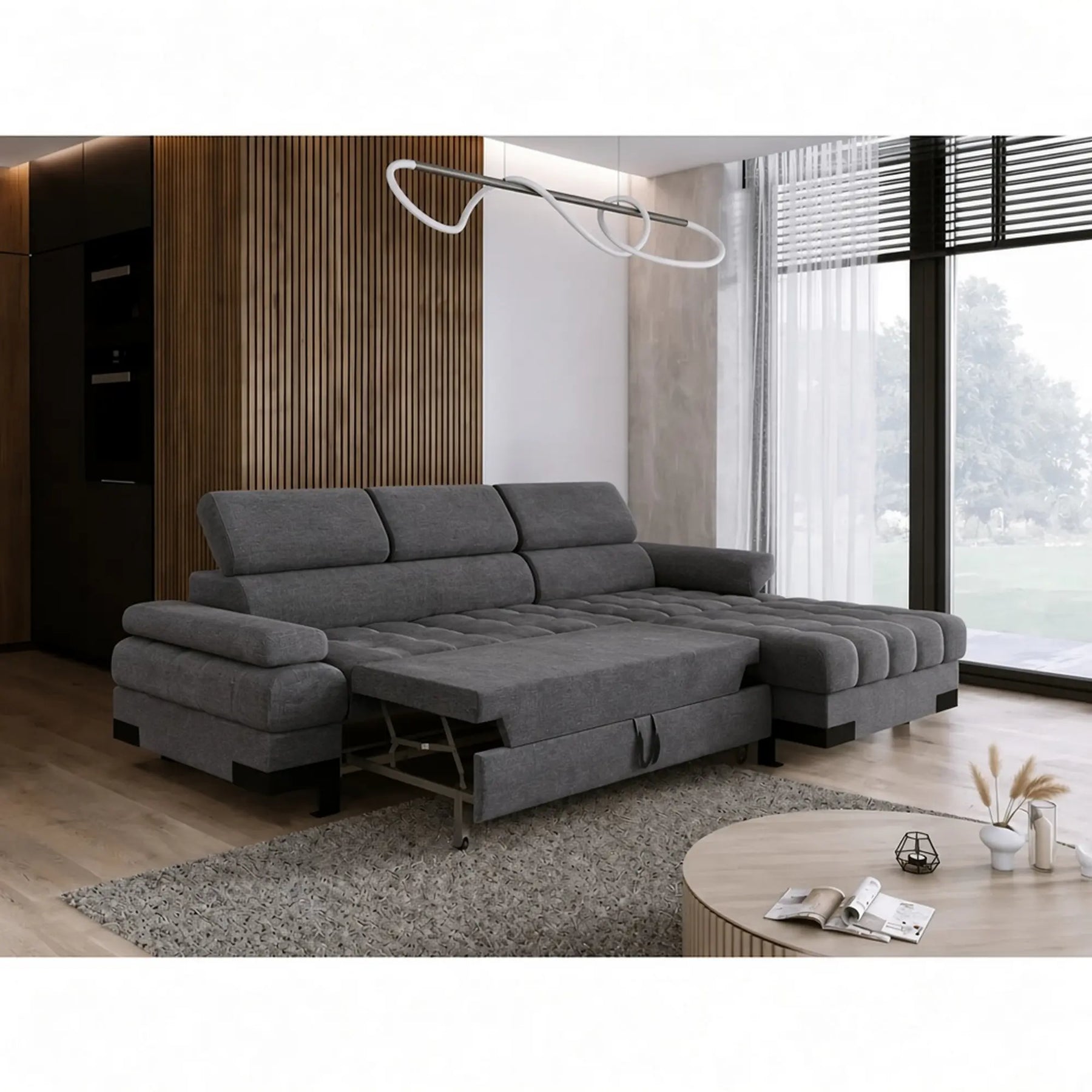 Coltar extensibil SELVA MINI, stofă clasică/lemn masiv/PAL, gri închis - Austin 19, 270×173×95 cm