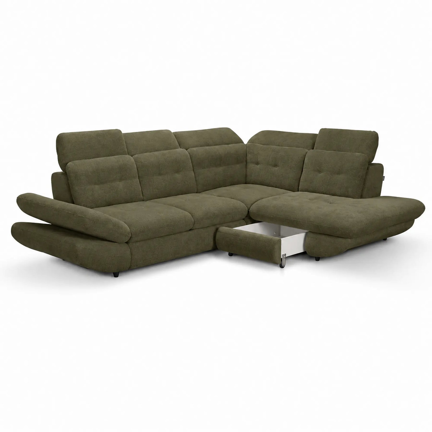 Coltar living SIENA MIC, sezlong dreapta, stofa catifelata verde olive - Monolith ML38, 295x234x100 cm