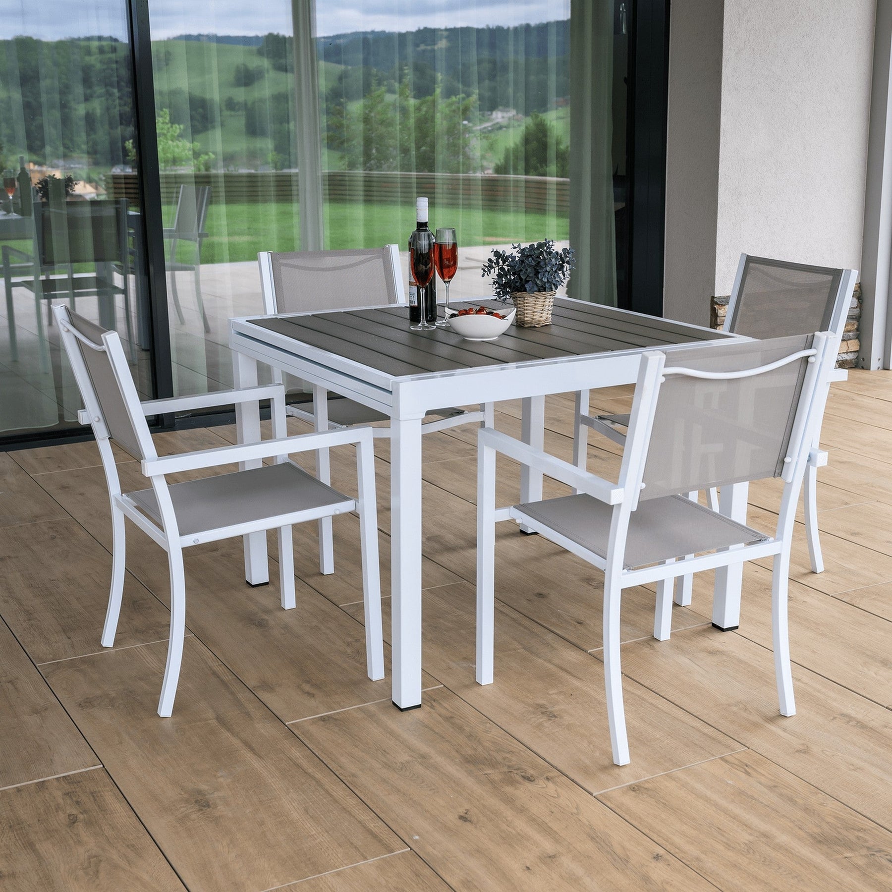 Masa extensibila gradina DORIO, alb/gri, otel/lemn, 100/200x100x75 cm