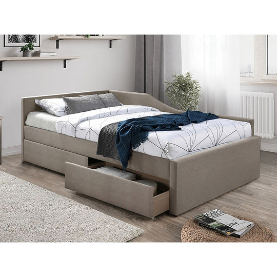 Pat 120x200 ELIOT, bej inchis, stofa catifelata/lemn, cu spatiu depozitare, 128x213x75 cm