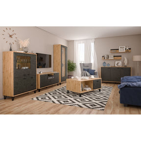 Comoda GRACE, stejar/gri antracit, PAL laminat, cu 3 usi, 144x42x90 cm