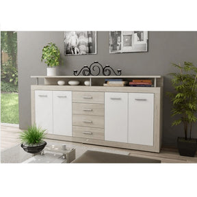 Comoda JUNO - JACHIM NEW, cu 4 usi si 4 sertare, PAL, stejar sonoma/alb, 195x37x96,5 cm