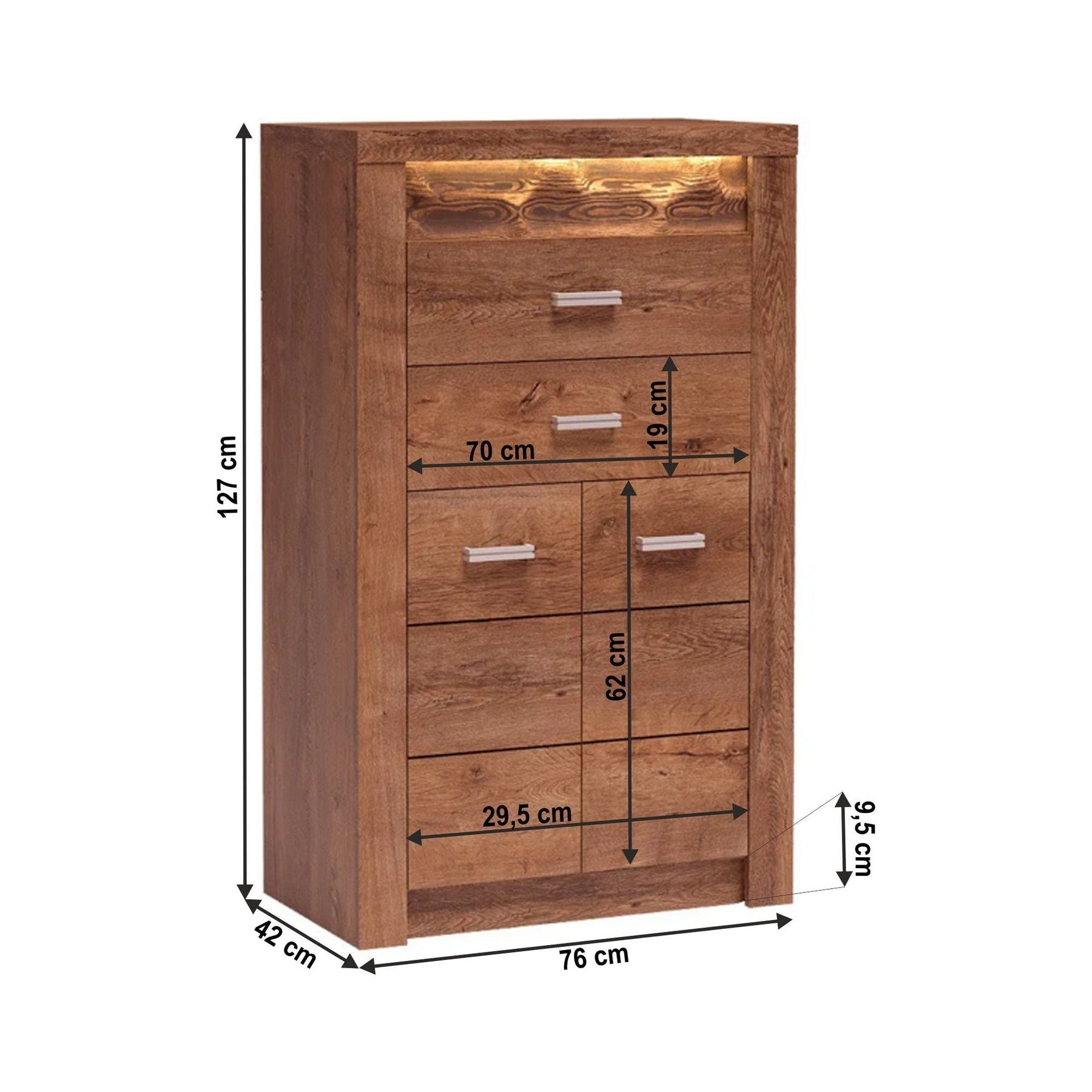 Comoda INFINITY I-06, PAL, frasin deschis, cu iluminare LED, 76x127x42 cm