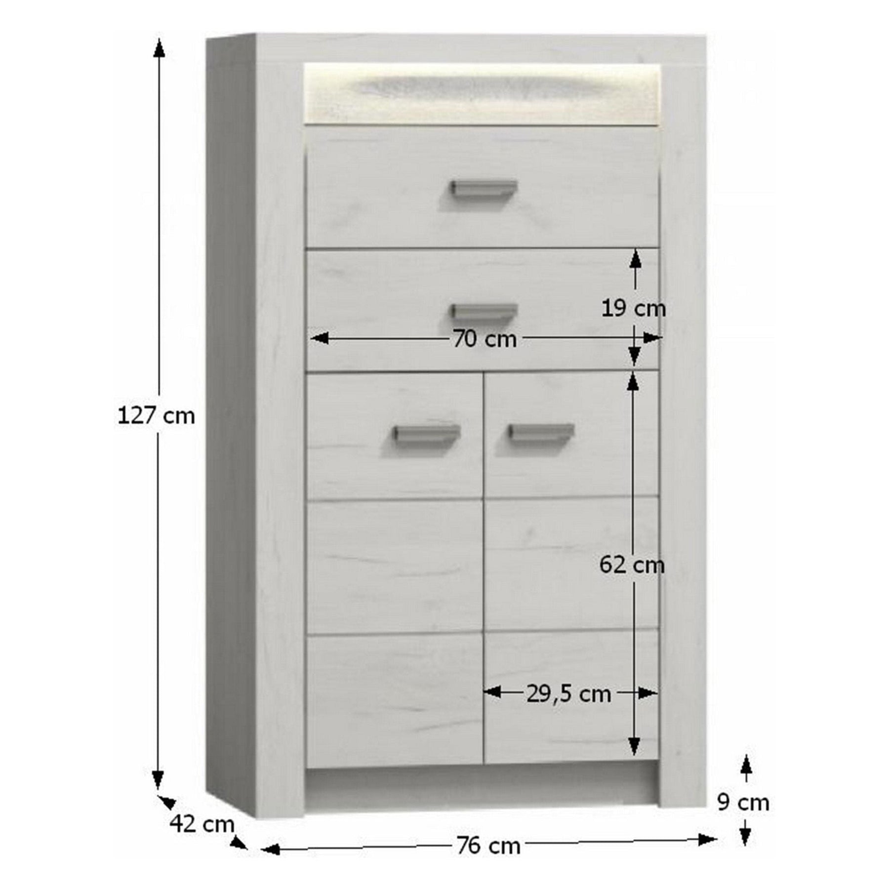 Comoda INFINITY I-06, frasin/alb, cu iluminare LED, 76x127x42 cm