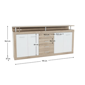 Comoda JUNO - JACHIM NEW, cu 4 usi si 4 sertare, PAL, stejar sonoma/alb, 195x37x96,5 cm
