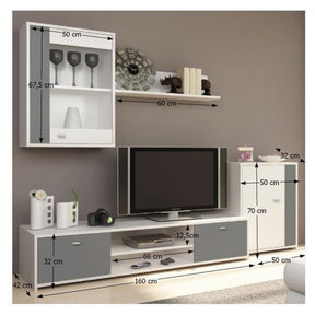 Mobila de living GENTA, PAL, alb/gri, 210x42x180 cm