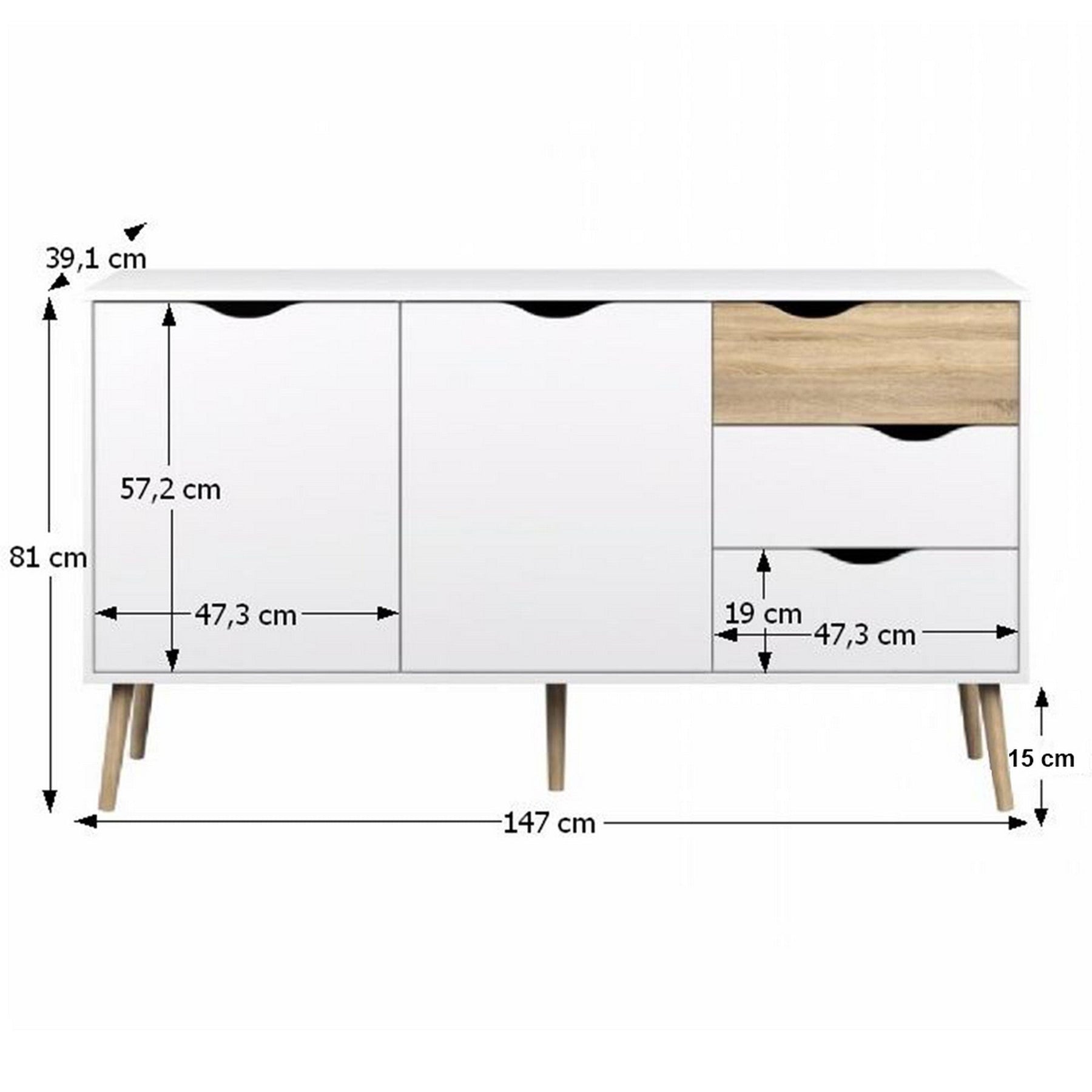 Comoda OSLO 75381, cu 2 usi si 3 sertare, PAL, stejar sonoma/alb,  147,1x81x39,1 cm
