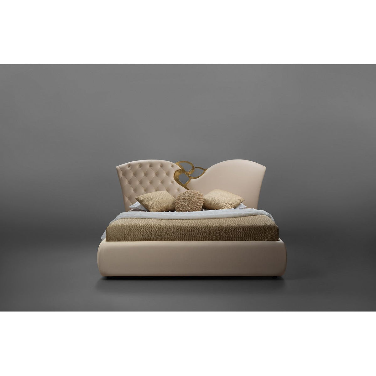 Pat MARILYN, piele ecologica crem, cu somiera metalica fixa, 215x223x118 cm