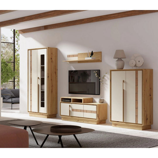 Set living KEKS A, stejar/casmir, PAL/sticla, cu iluminare LED, 308 cm