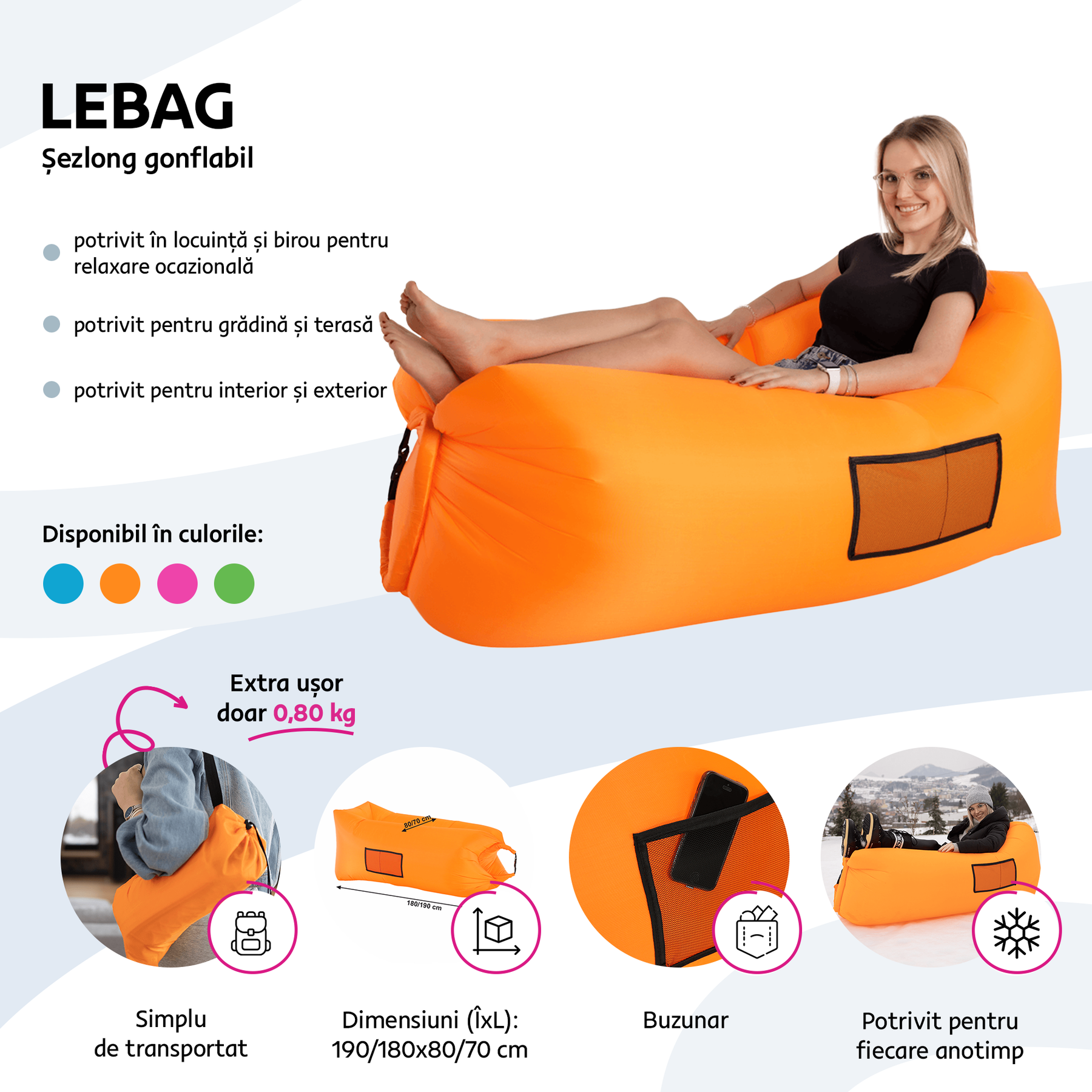 Fotoliu gonflabil LEBAG, nailon rezistent, portocaliu, 70x180/190/240 cm