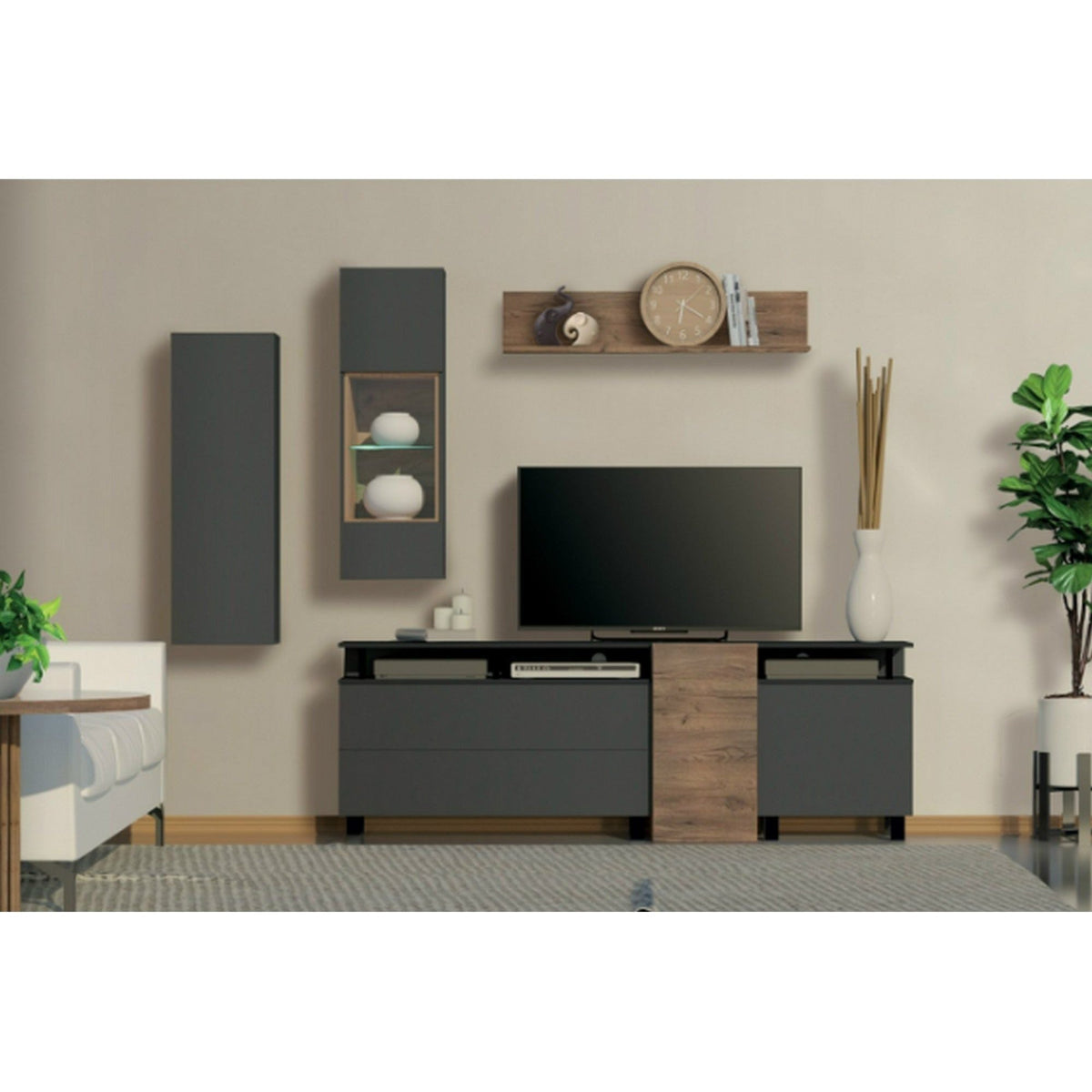 Mobilier living ARS, gri antracit/stejar craft, PAL/sticla, 4 piese, 222x46x200 cm