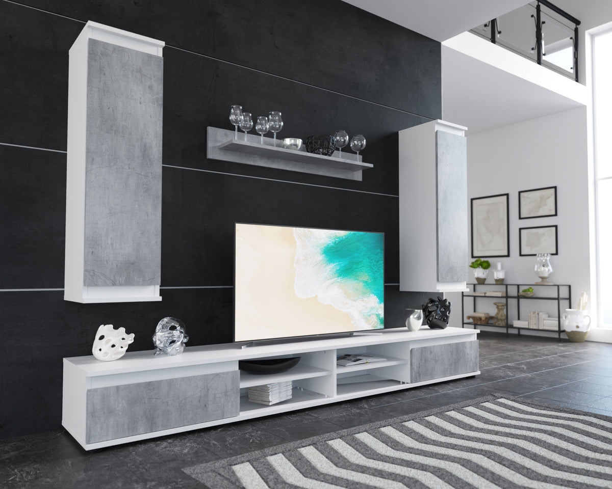 Mobilier living LUSIA, gri beton/alb, PAL, 220x37x160 cm