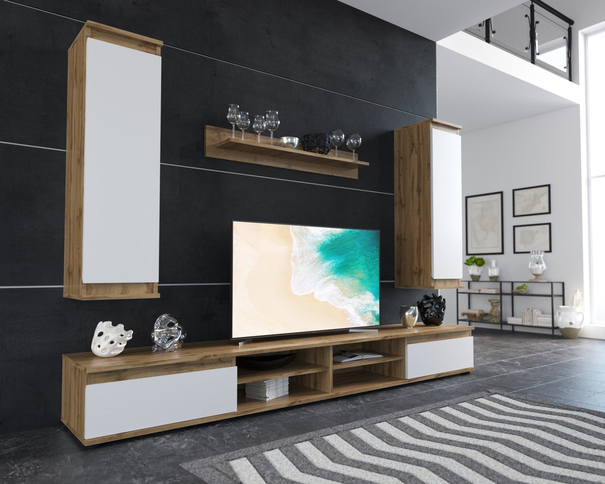 Mobilier living LUSIA, stejar/alb, PAL, 220x37x160 cm
