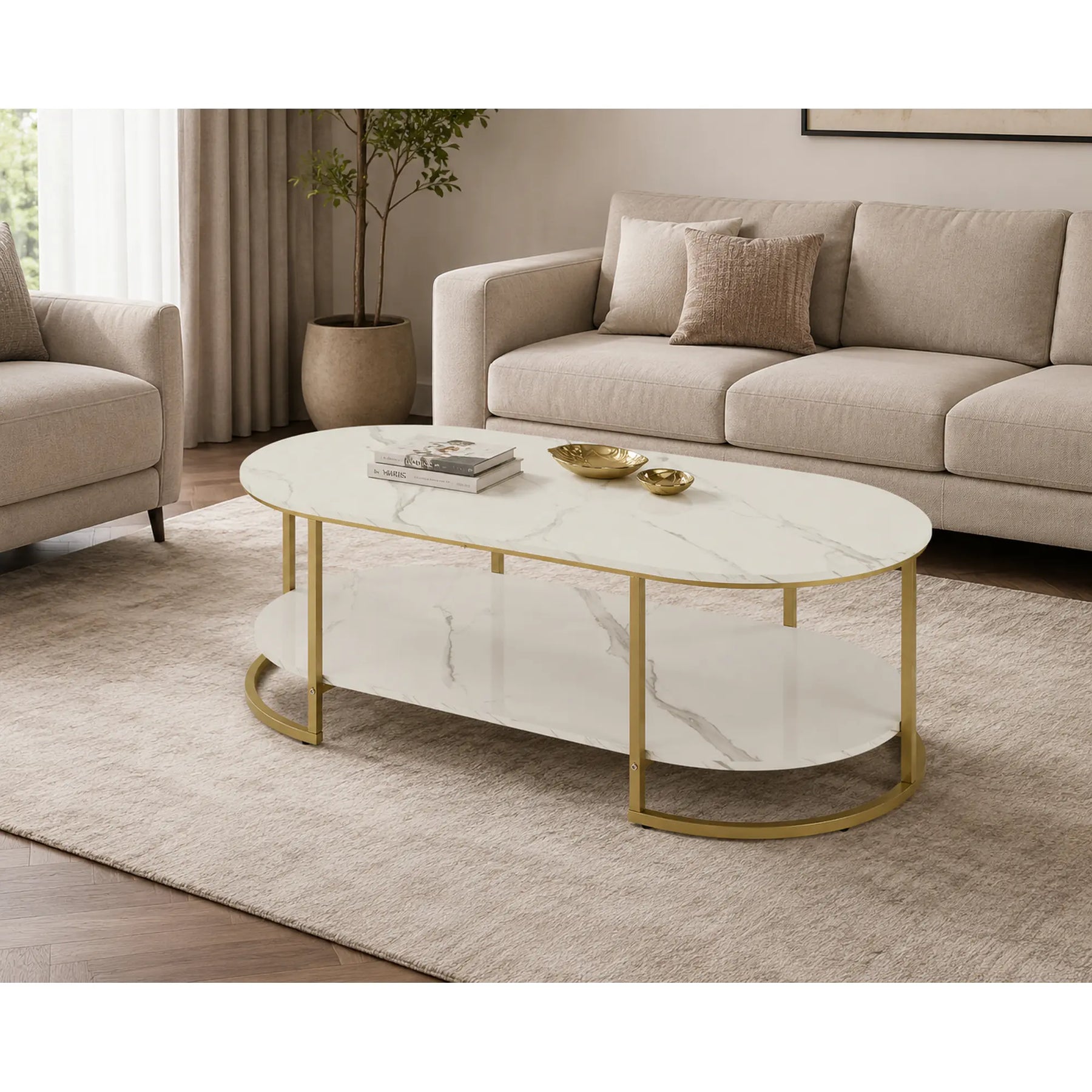Masuta cafea KALUA, alb/auriu, 120x60x46 cm