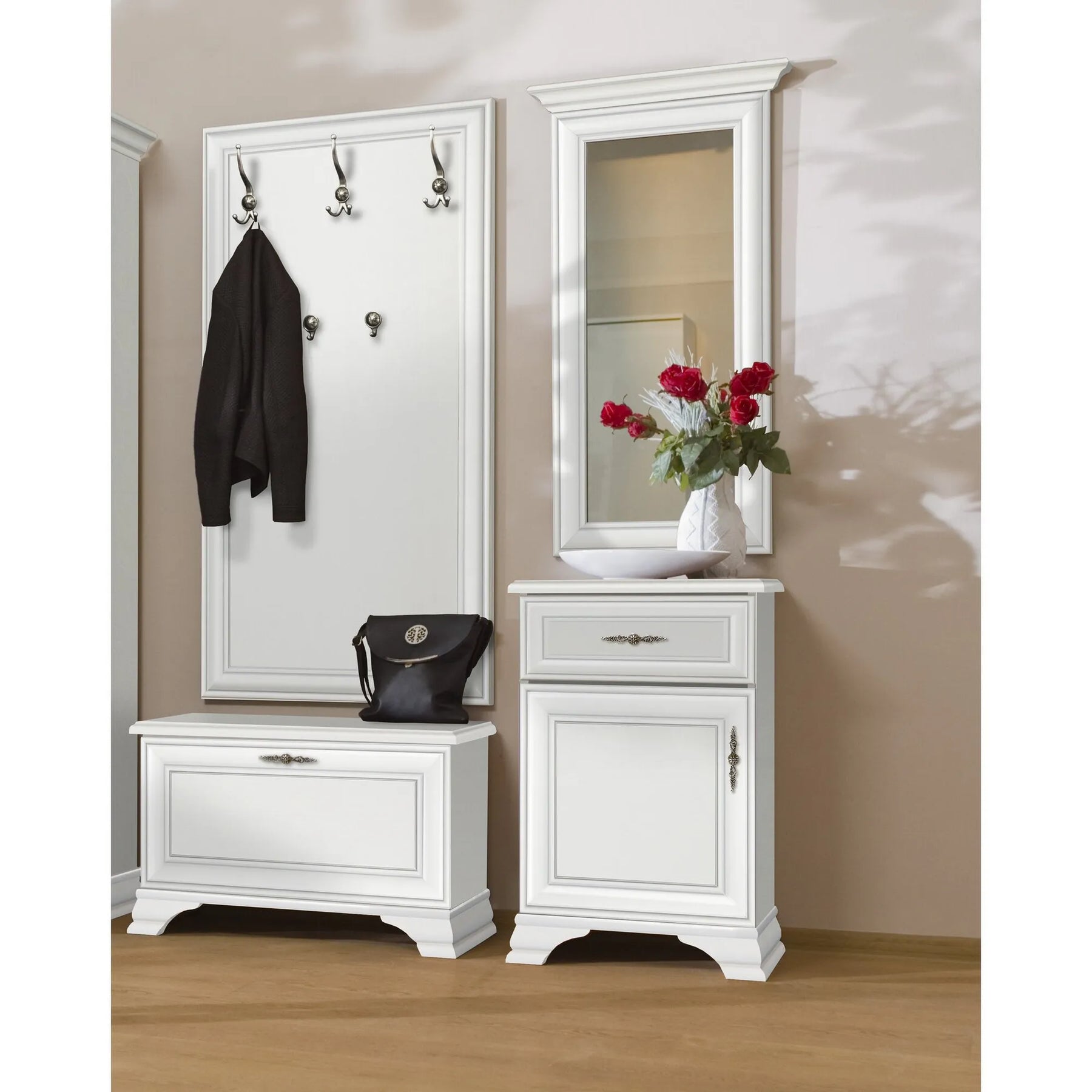 Mobilier hol cu oglinda IDENTO 4, alb, PAL melaminat, format din 4 piese
