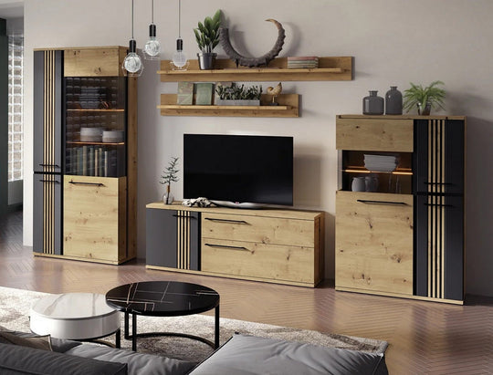 Set living MOLTO A, stejar artisan/negru, PAL/sticla, cu iluminare LED, 336 cm