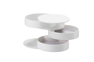 Organizator modern de culoare albă, cu design rotativ, compus din multiple compartimente circulare pentru depozitarea obiectelor mici din baie.