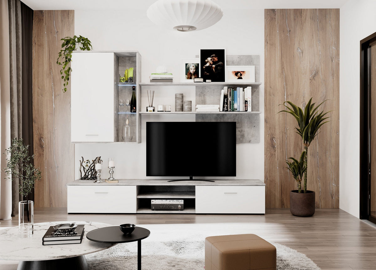 Mobilier living QUATRO, gri beton/pin alb, PAL, 200x41x190 cm
