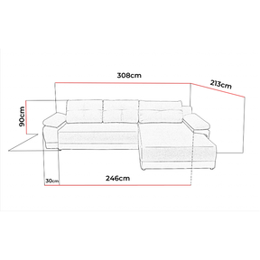 Coltar extensibil EVEREST, personalizabil, lada depozitare, 3 perne decorative, 308x213x90 cm