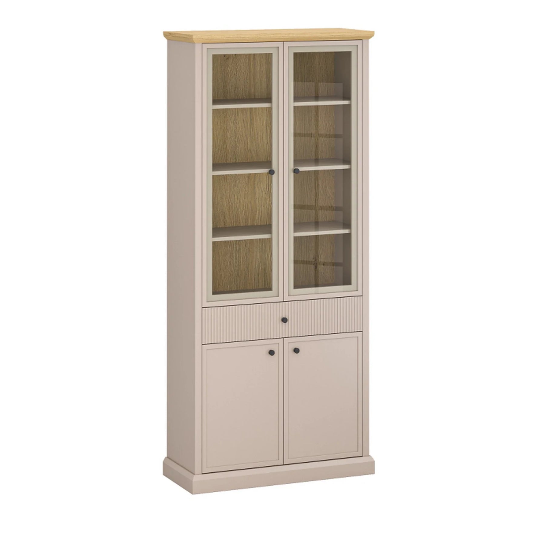 Vitrina ILUSSIO, taupe/stejar, PAL laminat, cu iluminare LED, 93x39x206 cm