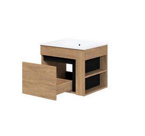 Dulap baie suspendat DUESA, stejar auriu/negru, PAL laminat, cu un sertar, pentru lavoar, 60x45x47 cm