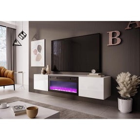 Comoda TV LIVO suspendat cu semineu, alb, PAL laminat, 180x40x30 cm