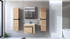 Dulap baie suspendat DUESA, stejar auriu/negru, PAL laminat, cu o usa si oglinda, 60x15x72 cm