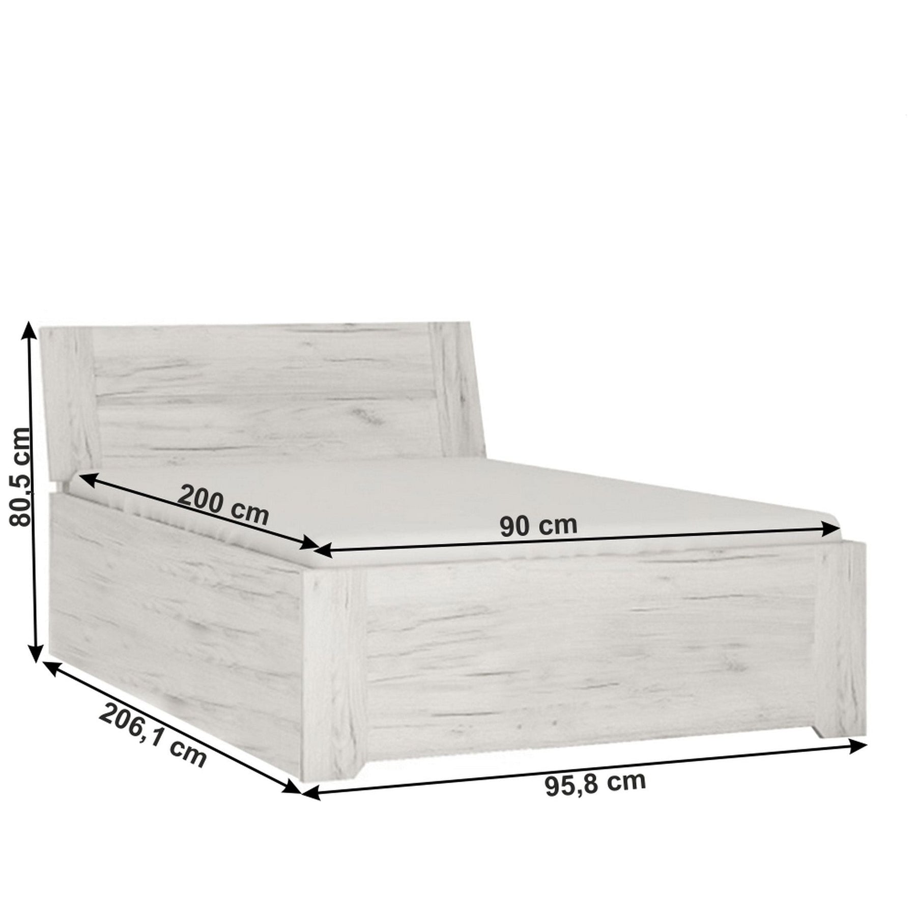 Pat dormitor ANGEL typ 90, PAL melaminat, alb craft, 90x200 cm, cu somiera si spatiu pentru depozitare, fara saltea