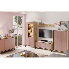Vitrina PARII PA02, stejar artisan/roz, PAL laminat/sticla, cu iluminare LED, 89x37x196 cm
