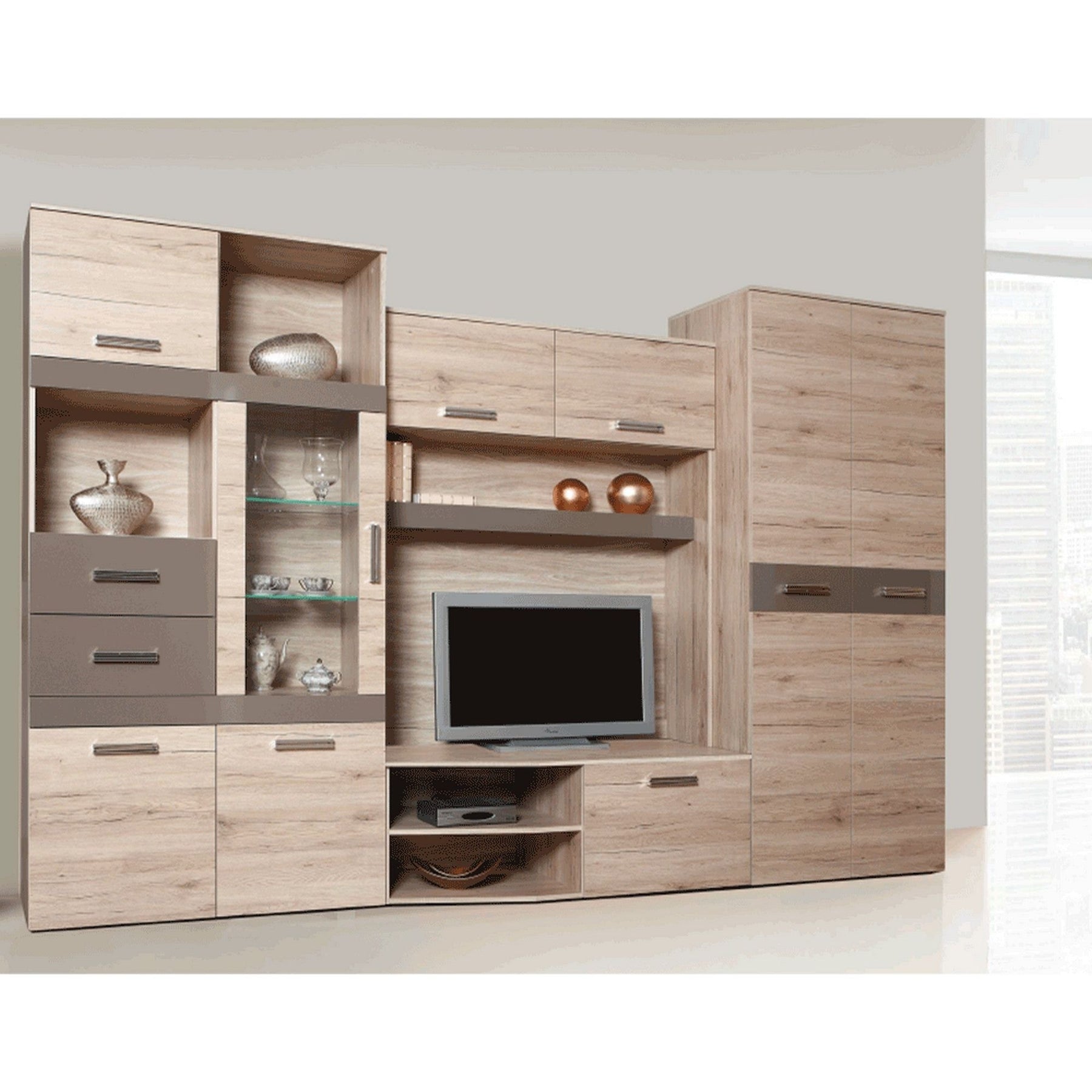 Mobila living ASSOR, iluminare LED, stejar san marino/latte extra lucios HG, 300 cm