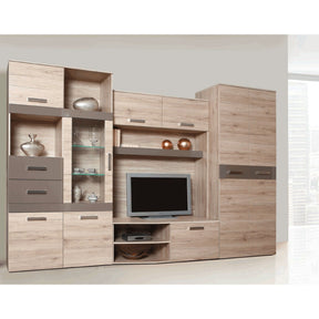 Mobila living ASSOR, iluminare LED, stejar san marino/latte extra lucios HG, 300 cm