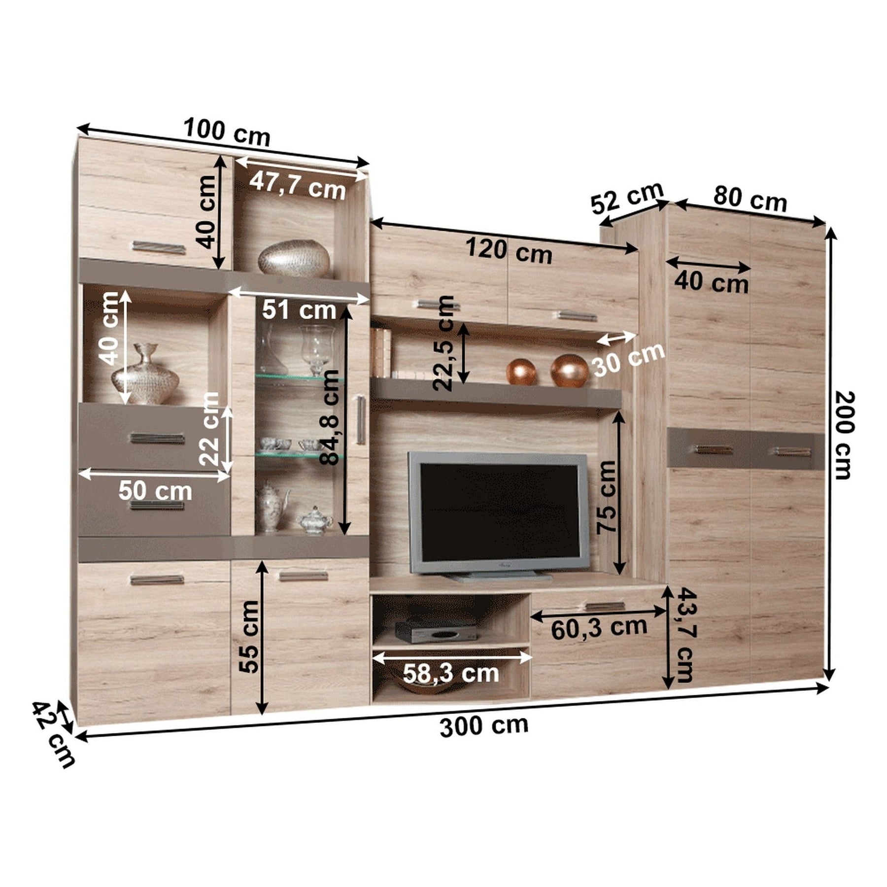 Mobila living ASSOR, iluminare LED, stejar san marino/latte extra lucios HG, 300 cm