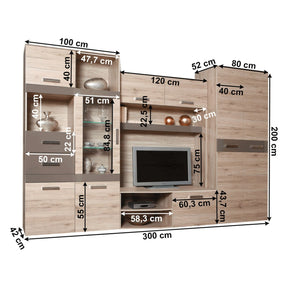 Mobila living ASSOR, iluminare LED, stejar san marino/latte extra lucios HG, 300 cm