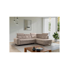 Coltar extensibil MATRAS, sezlong dreapta, stofa catifelata bej - Letto 11, cu lada depozitare si tetiere reglabile, 263x205x98 cm