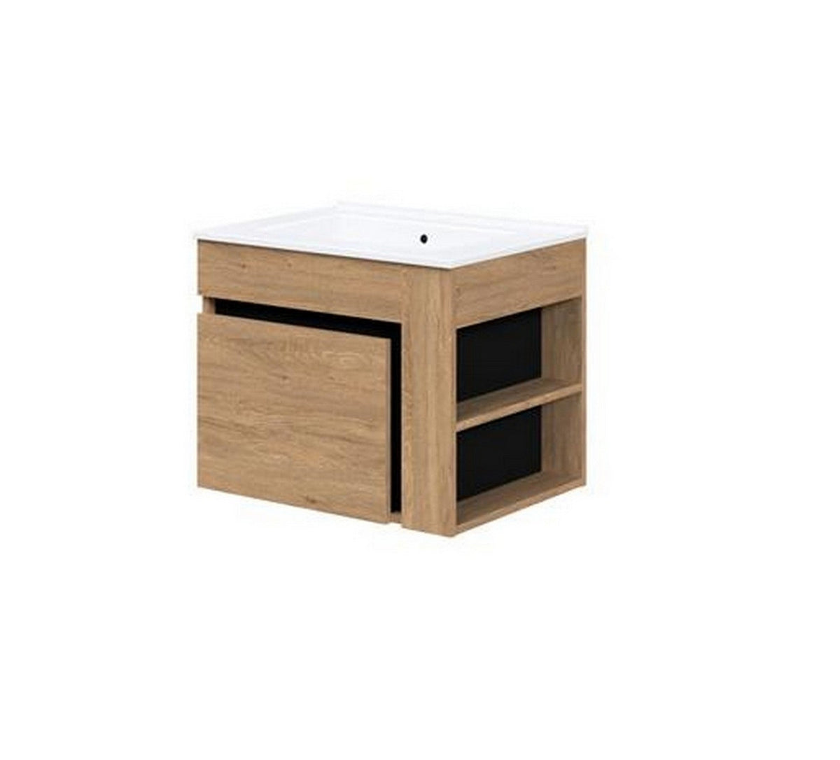 Dulap baie suspendat DUESA, stejar auriu/negru, PAL laminat, cu un sertar, pentru lavoar, 60x45x47 cm