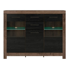 Vitrina BALIN, stejar/negru, PAL/sticla, cu iluminare LED, 160x45x125 cm