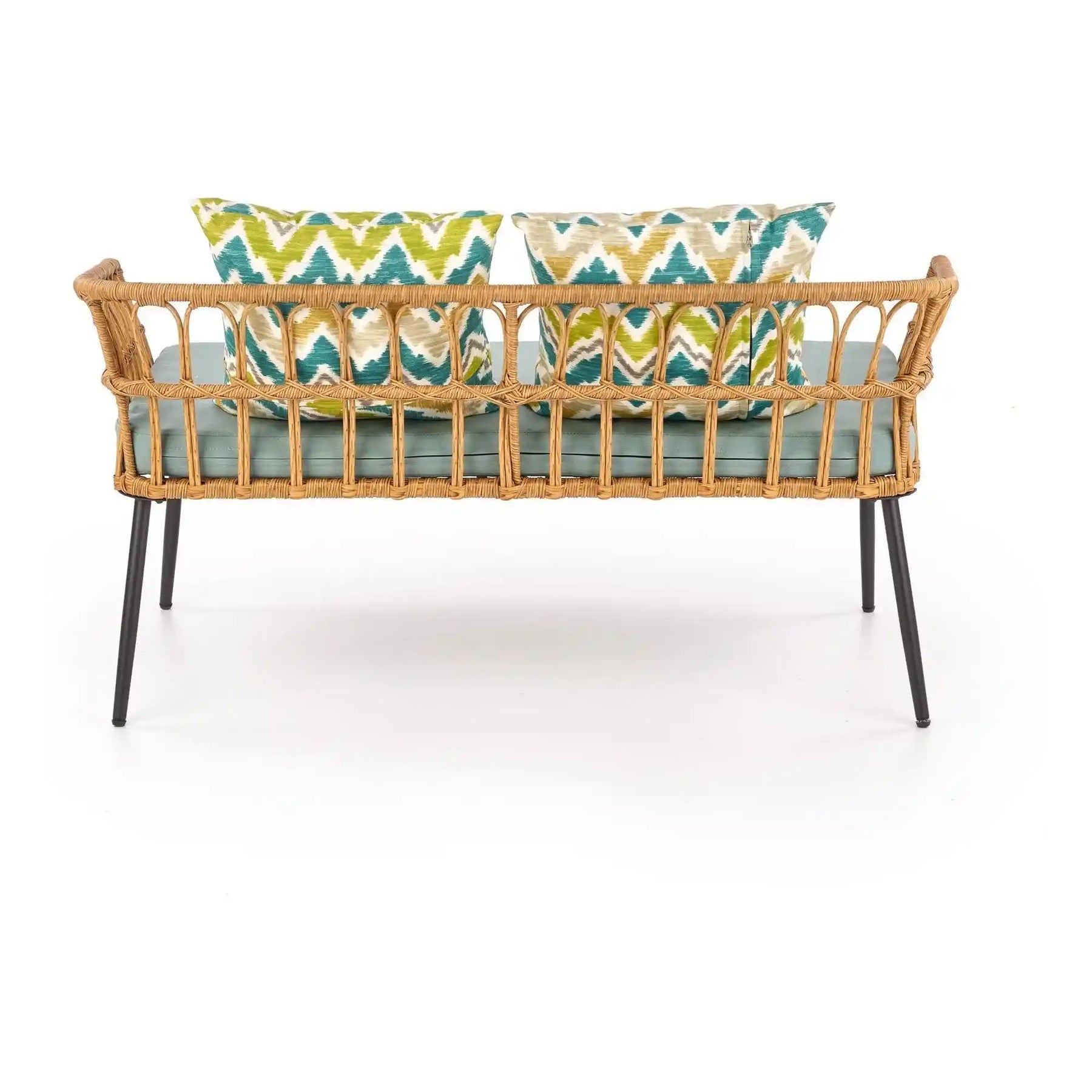 Banca de grădină HOUSTON, din stejar și negru, cu perne decorative colorate. Handle: @testalt