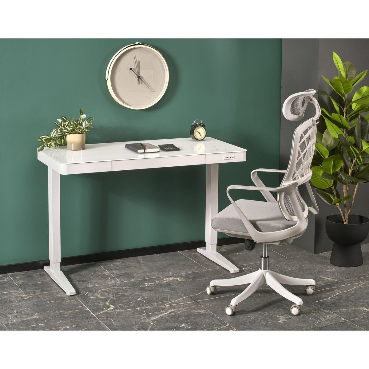Birou B52, alb, sticla/metal, cu functie de reglare a inaltimii, 120x60x77/120 cm