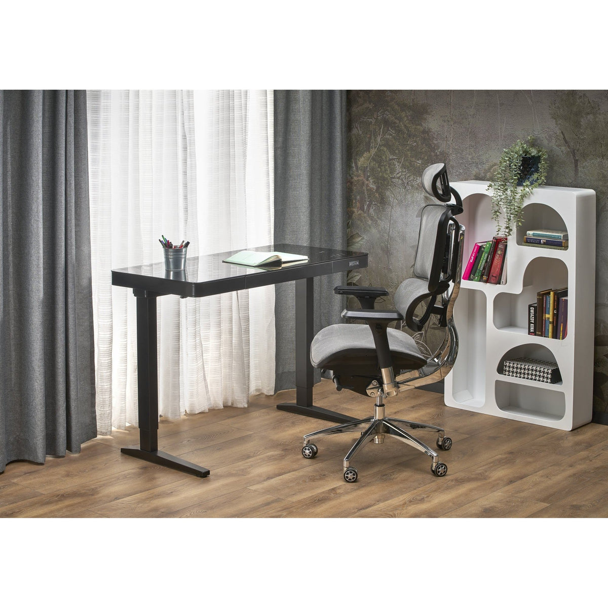 Birou B52, negru, sticla/metal, cu functie de reglare a inaltimii, 120x60x77/120 cm