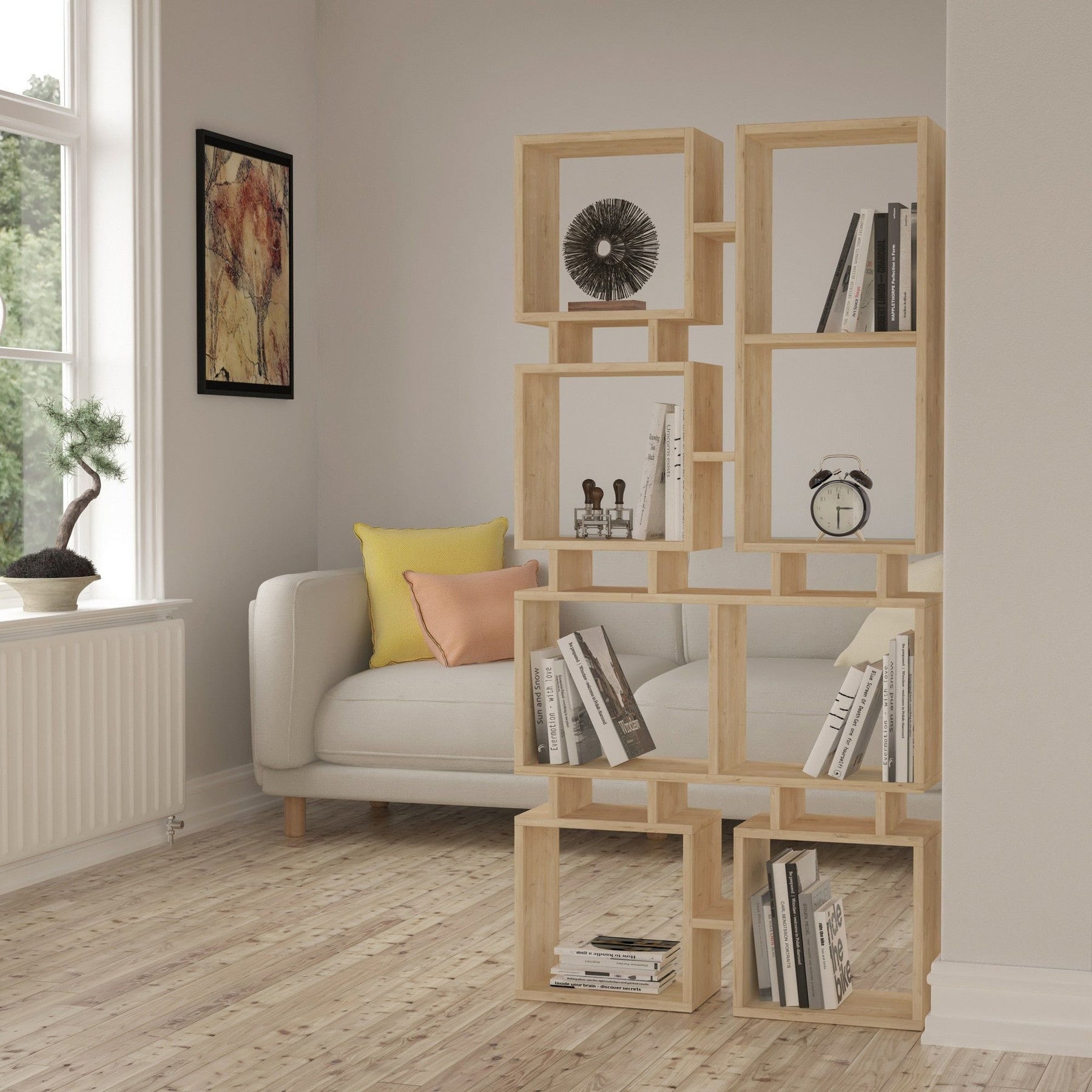 Bibliotecă din stejar într-un living modern, cu design creativ – primabucata