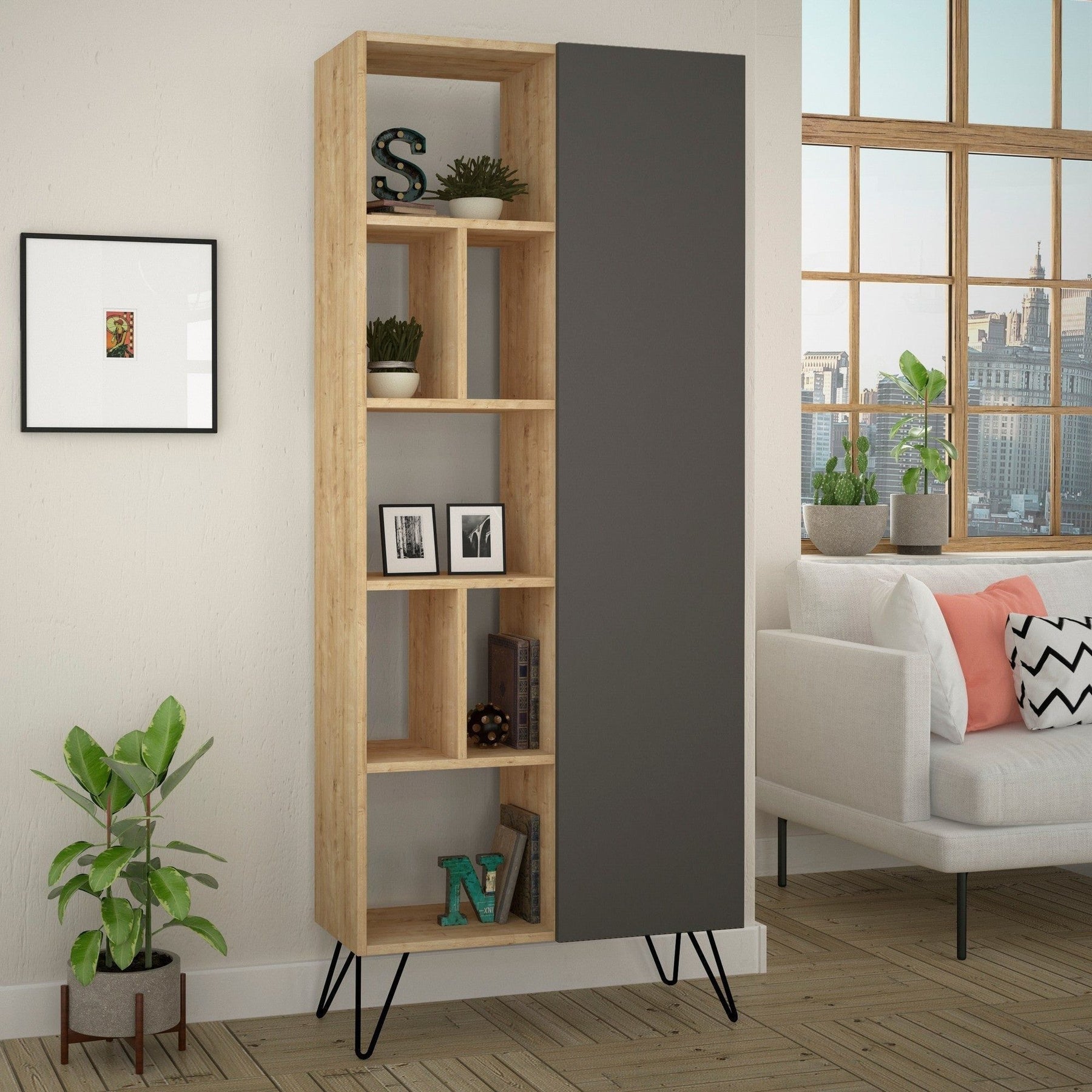 Bibliotecă stejar gri cu ușă închisă, ideală pentru living modern – primabucata