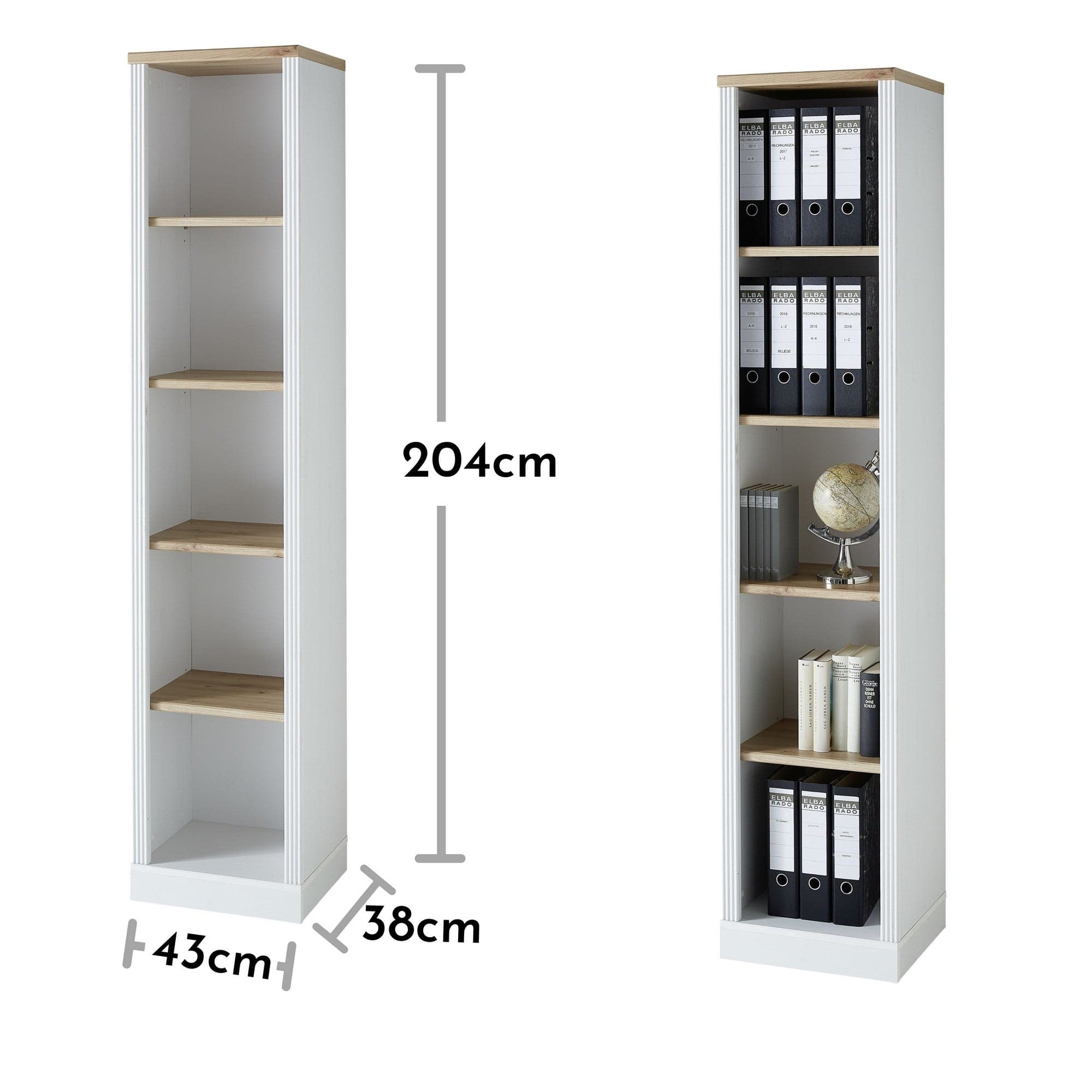 Biblioteca JASMIN, alb/stejar artisan, PAL, 43x38x204 cm