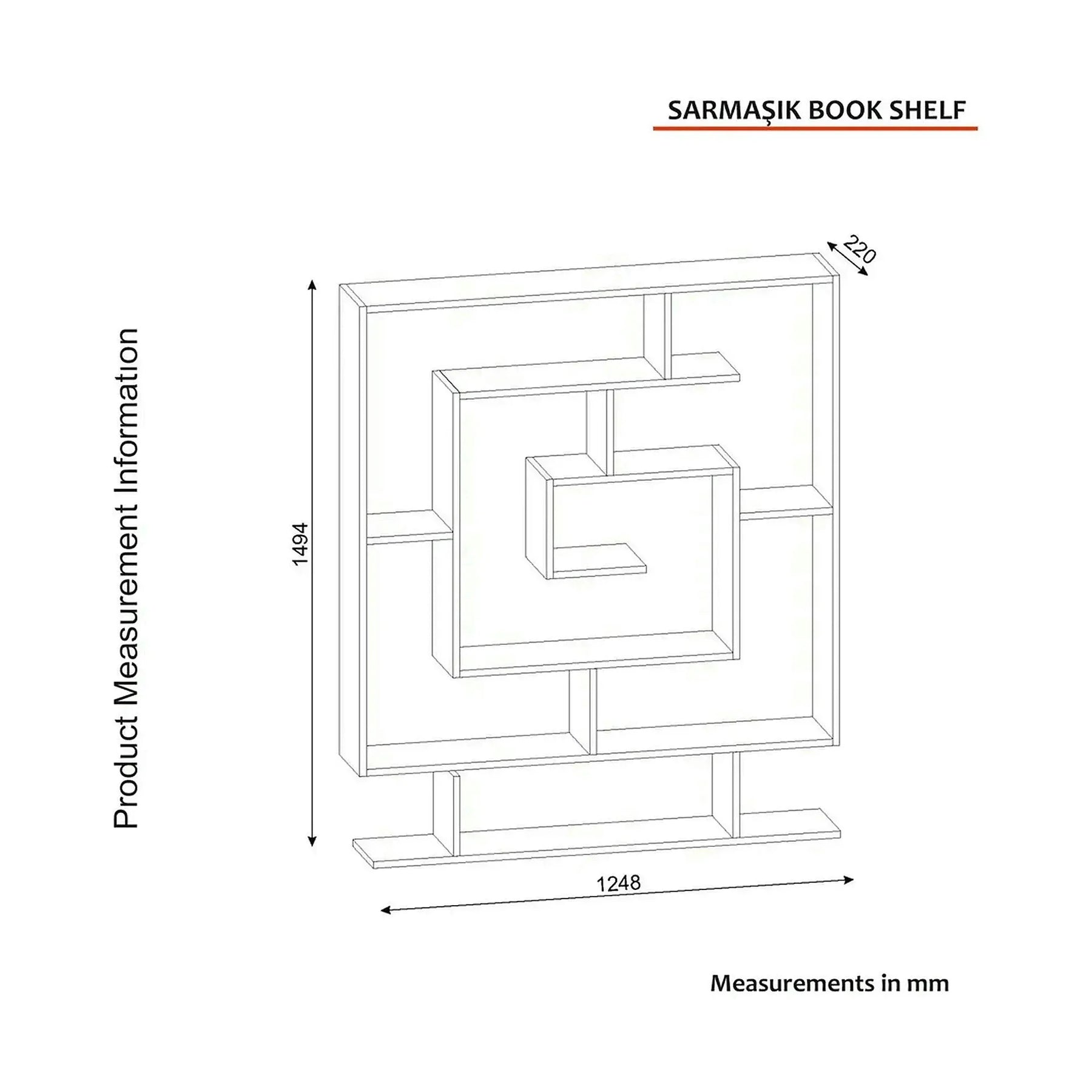 Biblioteca SARMASIK, PAL melaminat, efect de piatră travertin, 125×22×150 cm